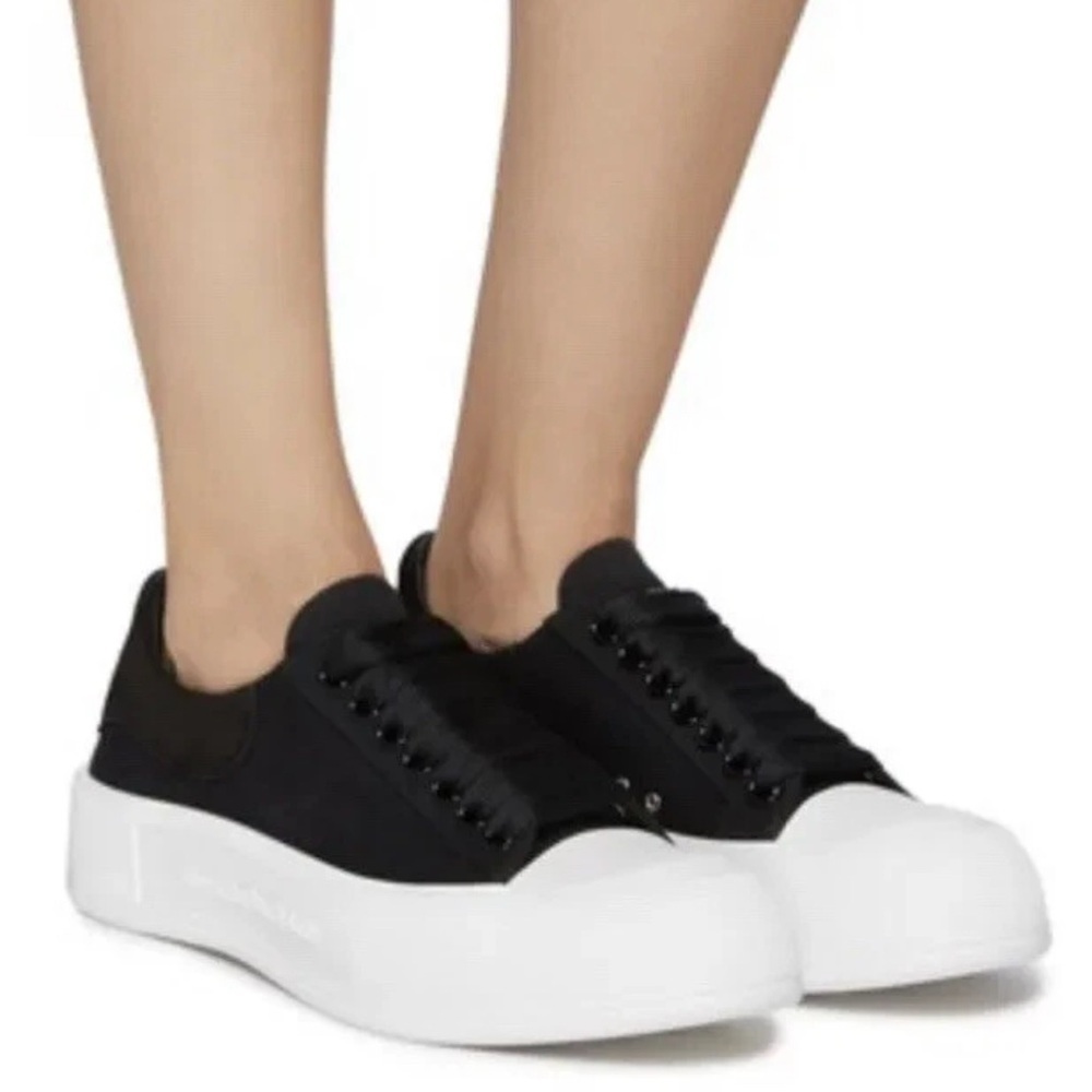 Alexander McQueen Deck Plimsoll Black Canvas and Suede Sneakers, Women Sz 39.5